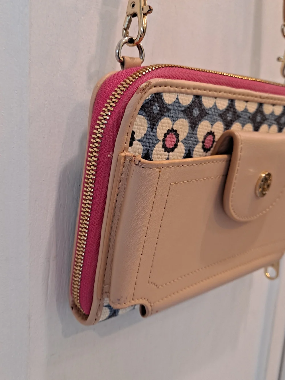 Spartina 449 Beige Leather Crossbody Phone Wallet Pink Trim Floral Linen Canvas